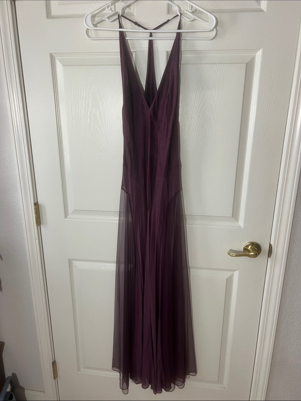 Victoria Secret Plunge V-Neck Sheer Overlay SILK Maxi Dress in Deep Plum, Sz S